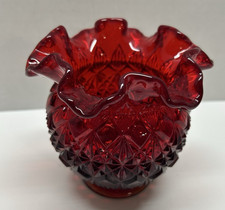 VTG Fenton Glass Vase Diamond Star Pattern Ruby Rose Amberina Bowl Ruffled picture