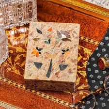 Nice Pietra Dura Antique Inlaid Stone Flower Specimen Jewelry Trinket Box picture
