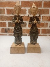 Vintage 12 ” Balinese Handmade Wood Figurine Made With Chinese Coins Set Of 2 picture