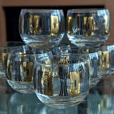 Set 8 Roly Poly MCM Federal Glass Cocktal Drinking Vtg Pandora black & gold Bar picture