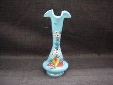 Antique Blue Opaline Hand Painted Blown Floral Vase picture