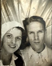 Gorgeous Couple VTG 1940s Photo Booth Handsome Man & Pretty Girlfriend Well Worn picture