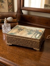 Vintage Heavy Silver Plated Music Box Horse Race Fabric Lid Footed Working picture