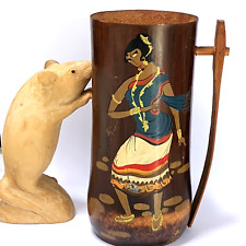 Vintage 50-60s Tiki  - Handled Tall BAMBOO MUG / STEIN 15cm- Hand-Painted Dancer picture