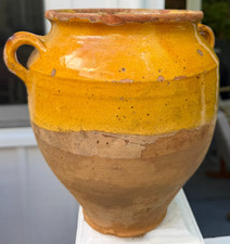 9' FRENCH ANTIQUE POTTERY CONFIT POT CERAMIC YELLOW GLAZE EARTHENWARE VESSEL JUG picture
