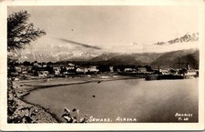 Seward Alaska Real Photo Postcard c.1930s Waterfront Harbor Mountains Ship RPPC picture
