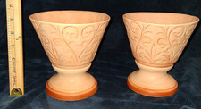 Vtg Pair of Pedestal Planters Art Pottery Scroll Leaf Peach Tan Matte Glaze picture