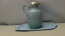 Vintage Manning Bowman Art Deco Turquoise Thermos & Tray w/ Glass Stopper brass picture