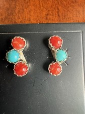 Janice Spencer Zuni Handmade Sterling Silver Coral & Turquoise Earrings picture