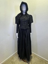 VTG 1890s Black Silk Mourning Victorian Gothic Bodice Skirt Bonnet picture