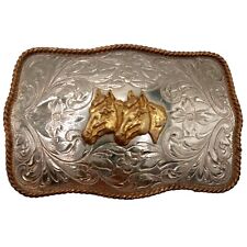 Double Horse Belt Buckle Rodeo Cowboy Country Western Wear German Silver picture