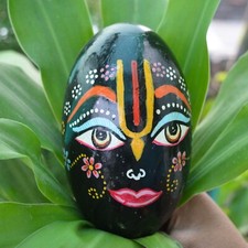 4.5 inch Rare Black Shaligram Stone | Hand Painted Laddu Gopal Face Idol picture