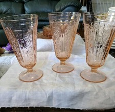 Vintage Pink Federal Glass  Sharon Cabbage Rose ,Footed Ice Tea, Set Of 3 picture