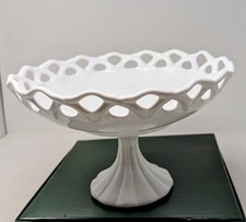 Vintage Milk Glass Fruit Bowl Compote Pedestal Reticulated lace edge 12