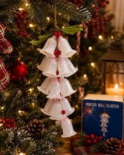 Vintage Frosted Glass Bell Cluster Christmas Ornament Holly Berries w/ Orig box picture
