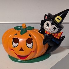 Vtg 1986 Geo Z Lefton Halloween Black Cat & Pumpkin Jack O Lantern Candle Holder picture