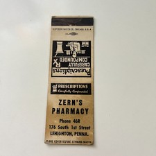 Zern's Pharmacy 176 South 1st St Lehighton Penna Vintage Matchbook Cover TMB82-4 picture