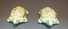 Vintage Ceramic Turtle Flower Frog Set of 2 Green Brown Glaze  picture