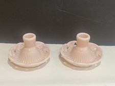 Pr. Vtg. FOSTORIA Betsy Ross 2620 Candlestick Candle Holders  PINK Milk Glass picture