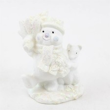 White Ceramic Glitter Snowman Figurine Carrying Tree w/ Squirrel - New picture