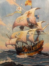 Antique 1930s Spanish Galleon Print 🌊 Heraldic Sails Nautical Ship Art picture
