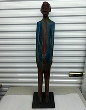 African Wooden Colon Figure Standing Male Sculpture in Blue Suit Jacket picture