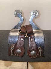 Vintage Crockett Renalde Western Spurs Curved Shanks Wide Bands Leather Straps picture