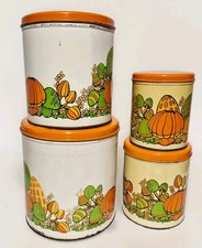 4 RARE VINTAGE 1970’s BALLONOFF METAL MUSHROOM CANISTERS W/ ORANGE LIDS ~ RETRO  picture