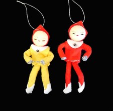 Vintage Felt Christmas Elf Pixie Ornaments 2 pc Lot 1950s Posable Stockinette picture