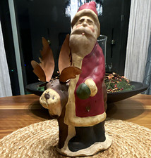 Antique Hand Made/Painted Plaster Santa Claus w/Moose  Figurine  picture