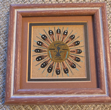 Vintage Debbie Nez Navajo Native American Sand Painting Framed Sun 5