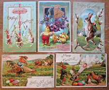 Vintage EASTER POSTCARDS Lot of 5 POSTED 1912 & 1914 BUNNY RABBIT Chicken EGGS picture