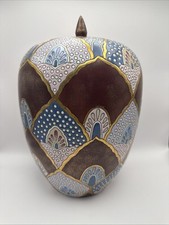 Large Decorative Lidded Jar Hand Painted Raised Enamel Pattern Burgundy Gold 12” picture