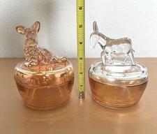 -READ- Vintage Jeanette Clear & Marigold Carnival Glass Trinket Powder Dish Jars picture