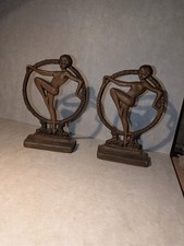 ANTIQUE ART DECO NUDE DANCING LADY IN RING ART STATUE SCULPTURE BRONZE BOOKENDS picture