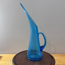 Vtg MCM Kanawha Blue Crackle Glass Pitcher Stretch Spout Art Glass 14.5