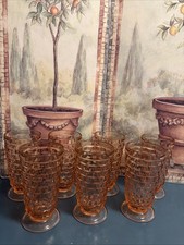 7 Vintage MCM Peach Pink Colony Cubist Footed Iced Tea Tumbler Glasses Indiana picture