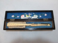 ANTIQUE CHINESE FOLDING HAND FAN EMBROIDERY SILK DRAGONS CARVED RIBS W/BOX picture