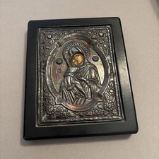 Orthodox Greek Byzantine 950 Silver Hand Painted Icon Madonna Traditions Art picture