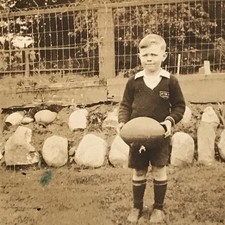 Young Boy Child w/ Rugby Ball & Uniform Vancouver BC Snapshot Photograph ID'd picture