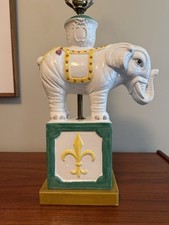 Vtg MCM Majolica Pottery Elephant Table Lamp Trunk Up Leather Wrapped Base 28” H picture