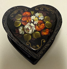 VTG Black Lacquer Russian Hand-painted Floral Hinged Heart-Shaped Trinket Box picture