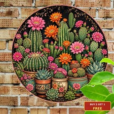 Easter Cactus Garden Round Metal Tin Sign Spring Plant Wall Art Decor 8x8 picture