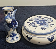 Vtg.  Hand-Painted Delft Dresser Jar & Candleholder Marked picture