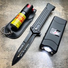 Self Defense Tactical Stun Gun Flashlight + Pocket Knife + Pepper Spray Set NEW picture