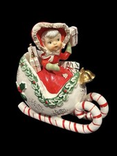 Vtg NAPCO Christmas Holiday Shopper Candy Cane Sled Ceramic Japan RARE picture