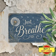 Just Breathe Blue Dandelion Dragonfly Inspirational Metal Sign 8x12 picture