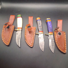 Lot of 3 Handmade Twist Damascus Steel Hunting Fixed Blade Knives LeatherSheath picture
