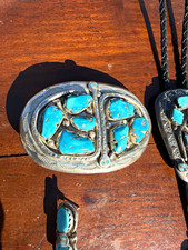 Vintage Effie Calavasa Zuni Handmade Turquoise Inlay Sterling Silver Belt Buckle picture