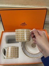 Hermes Mosaique au 24 Platinum Gold Coffee Tea Cup Saucer Porcelain Set for Two picture